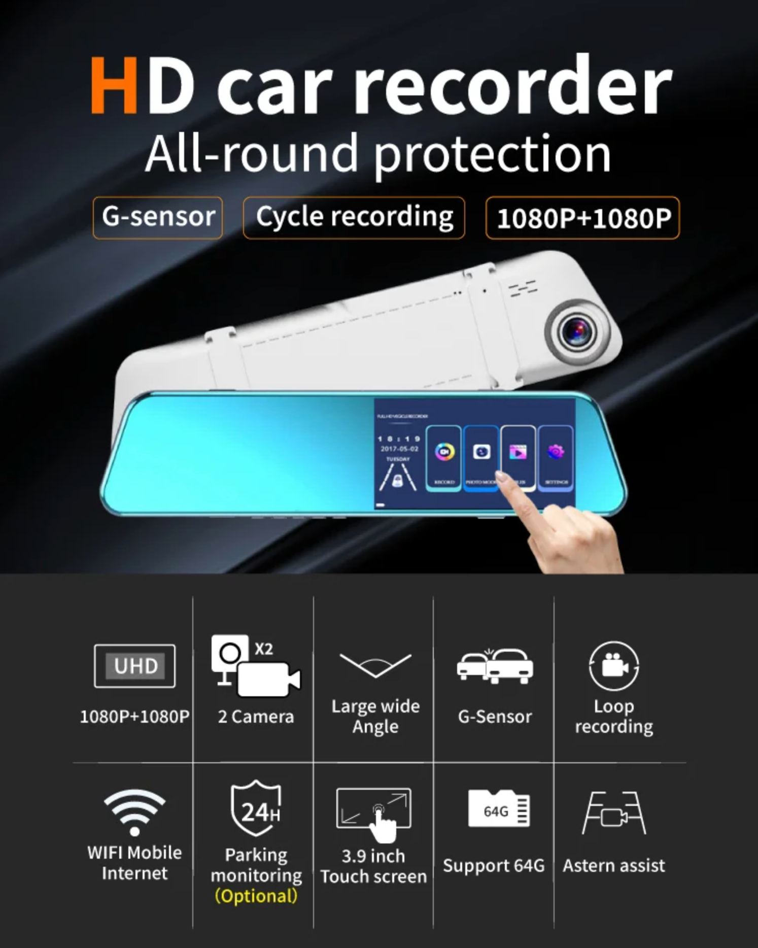 Nueva Cámara de salpicadero con espejo DVR Full HD de doble lente DVR para coche de 4,3 pulgadas con cámara trasera 1080P caja negra para coche DVR